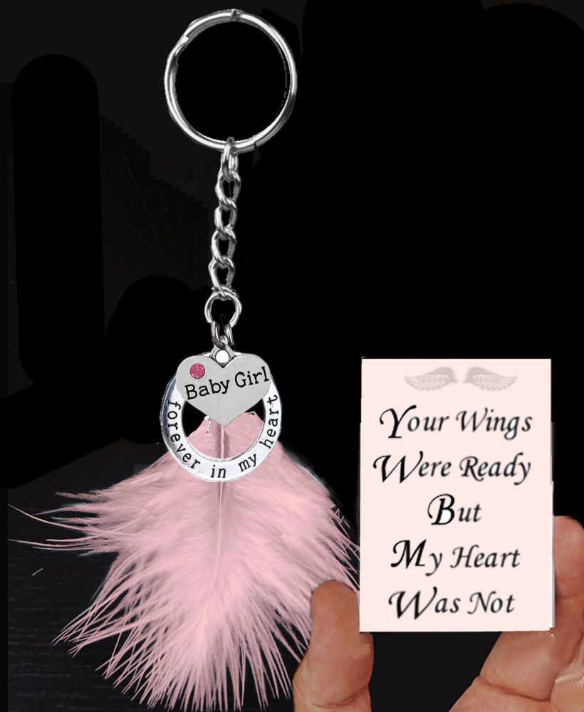 Baby Girl Memorial Keyring with Real Pink Feather