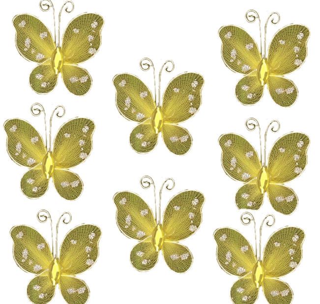 Yellow Organza Butterfly Embellishments x 8