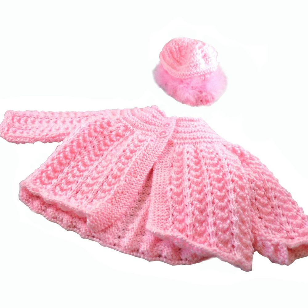 Baby Girl Pink Knitted Coat and Bonnet - 0 to 3 Months