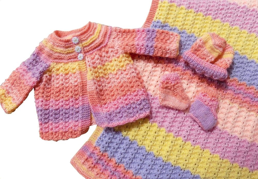 Baby Girl Pink, Peach, Lilac Matinee and Blanket set, 0 - 3 months