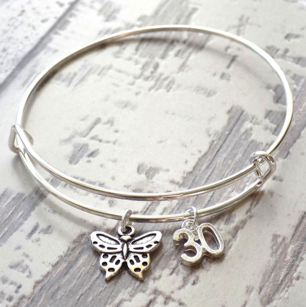 30th Birthday Butterfly and Number Charm Bracelet 