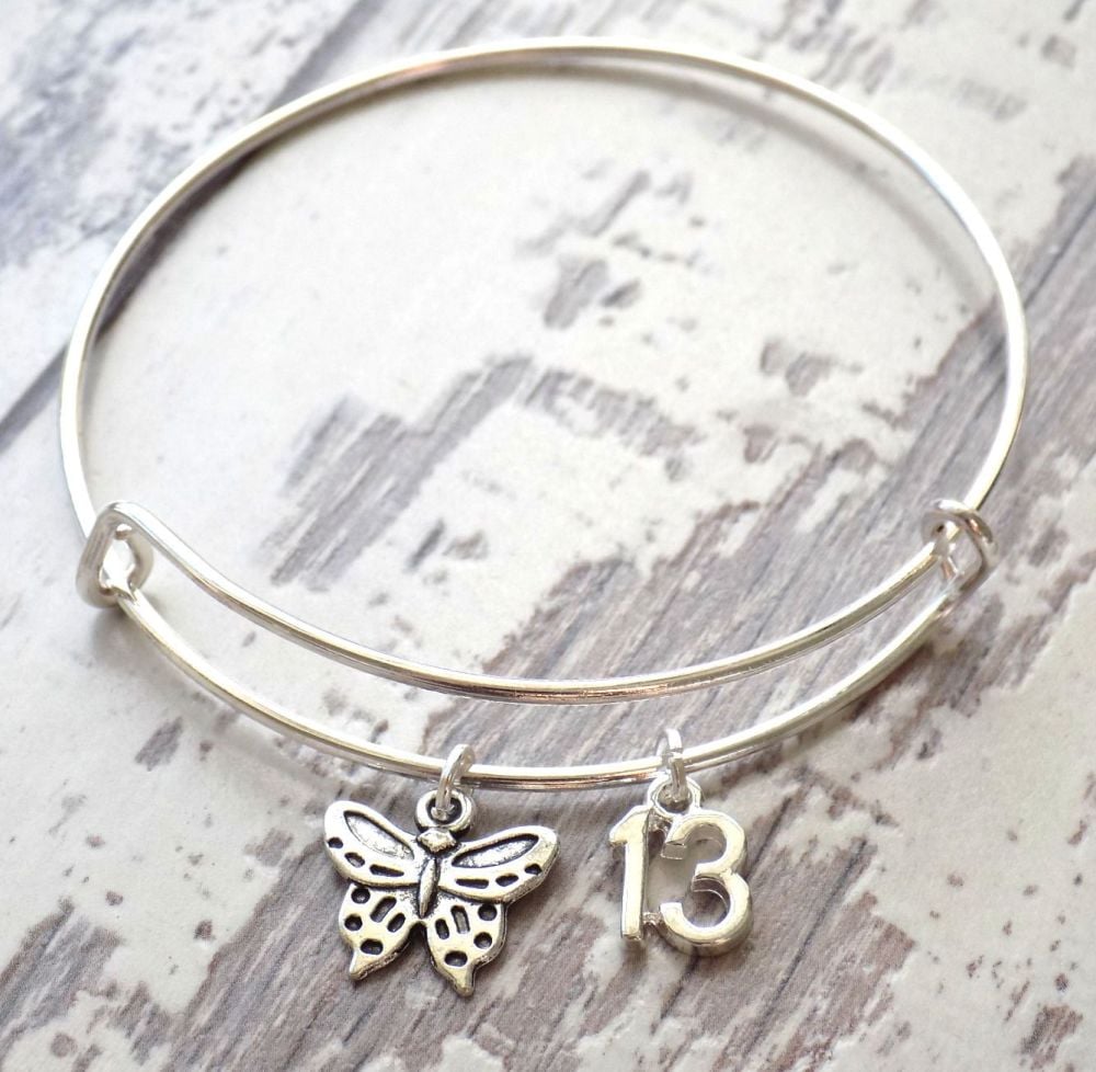 13th Birthday Butterfly and Number Charm Bracelet 