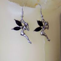Fairy Earrings with Black Gemstone Detail in Silver Shade