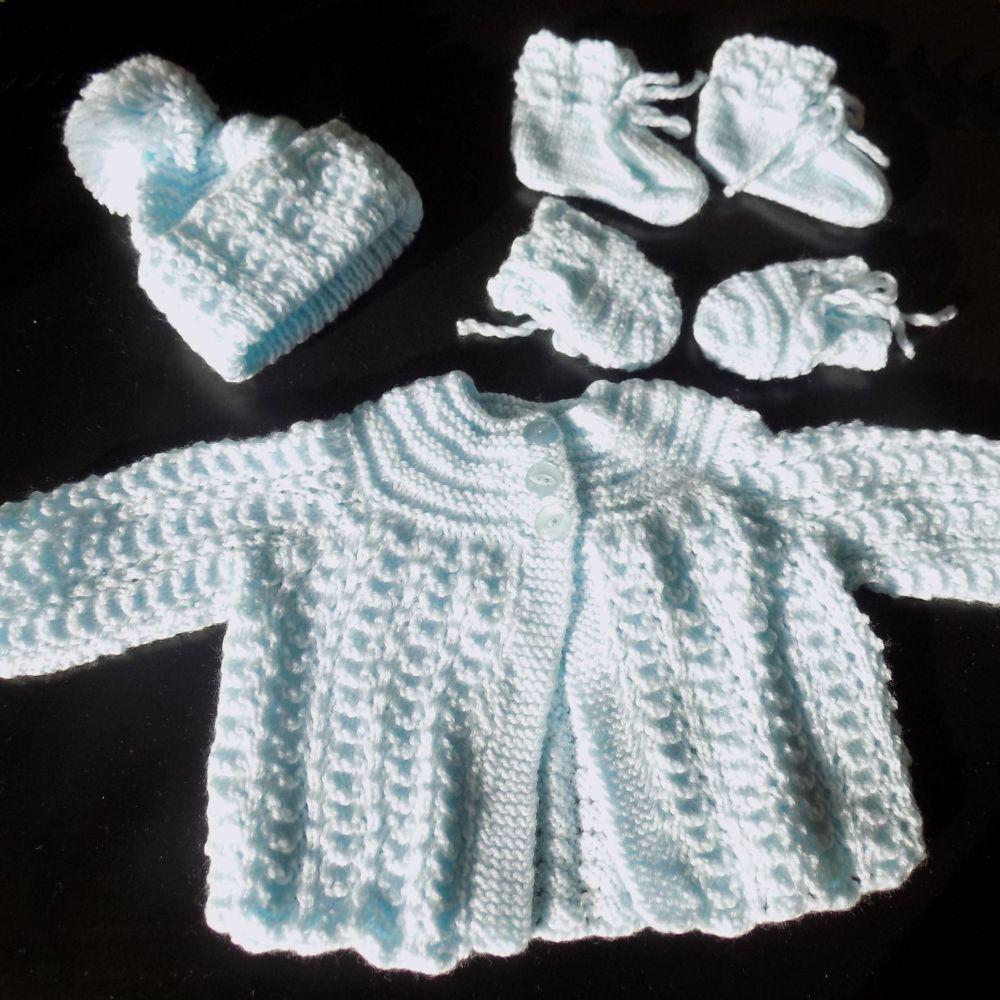 Baby Matinee Set Knitted Coat, Bonnet and Botties and Mittens Set, Baby Boy