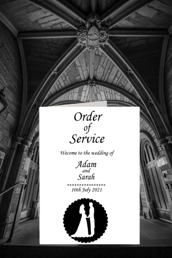 Order of service white card with a church wedding background