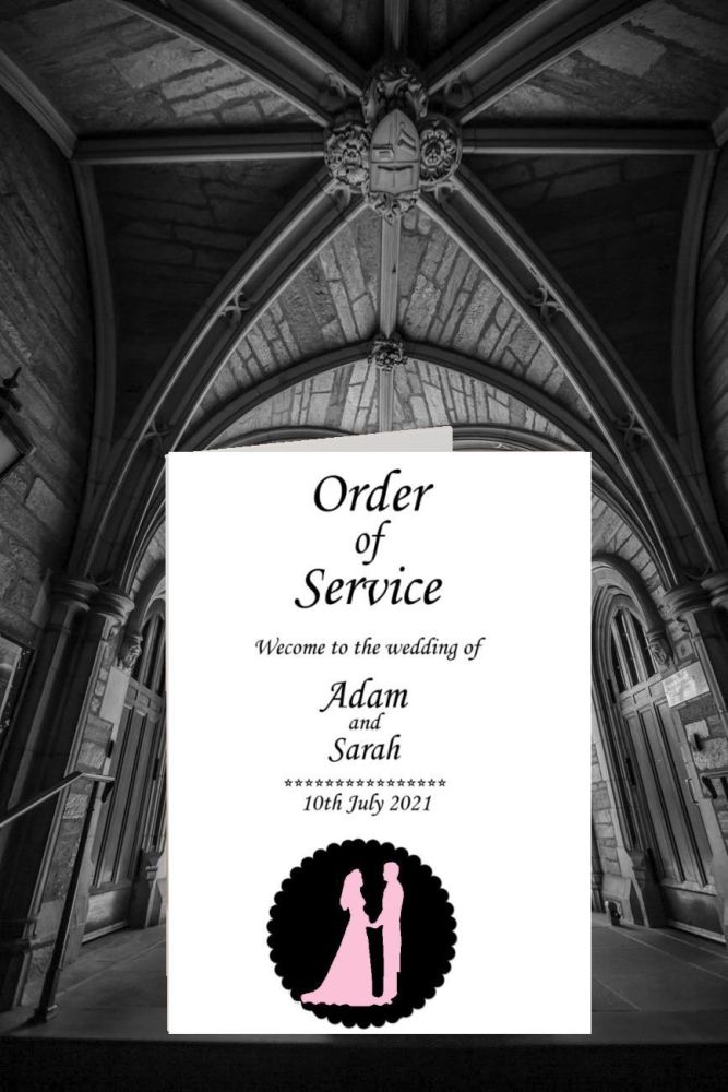 Order of service white card with a pink bride and groom embellishment
