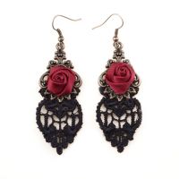 Gothic Halloween Earrings - Red Rose, Black Lace and Bronze