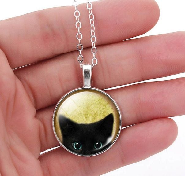 Black Cat Pendant Long Necklace - Glass Dome Pendant