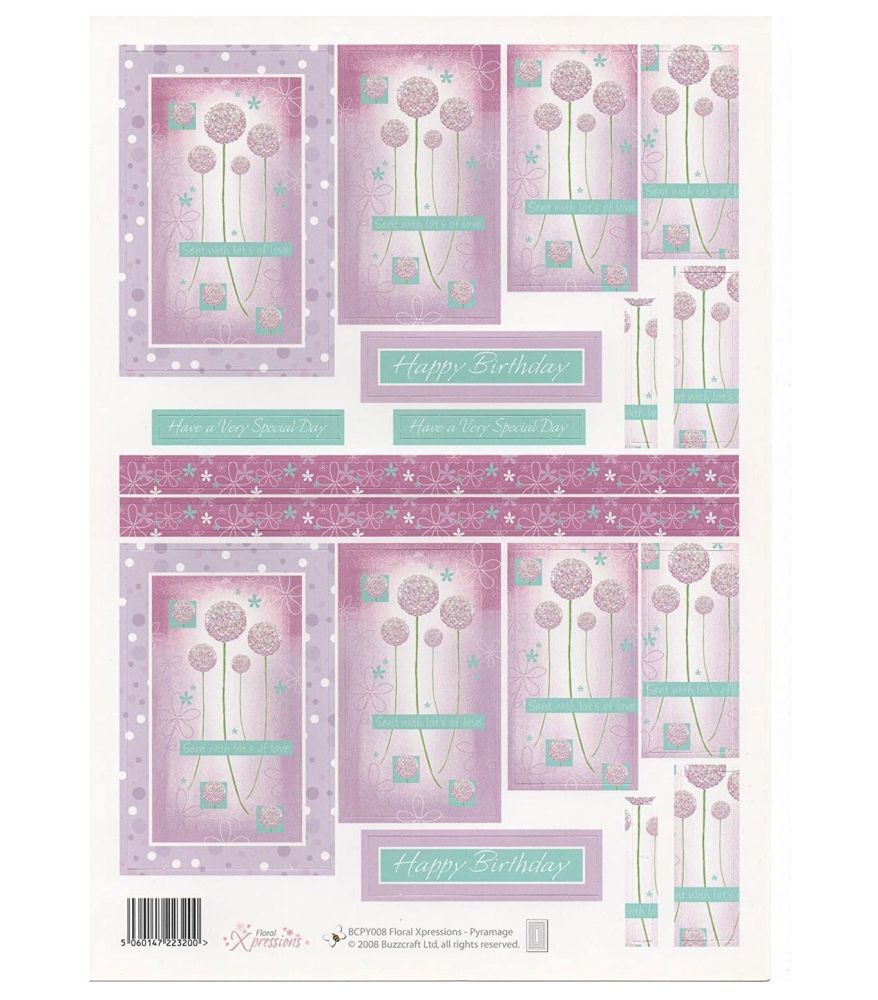 Floral Expressions A4 Die Cut Card Decoupage Topper Sheet Lavender 