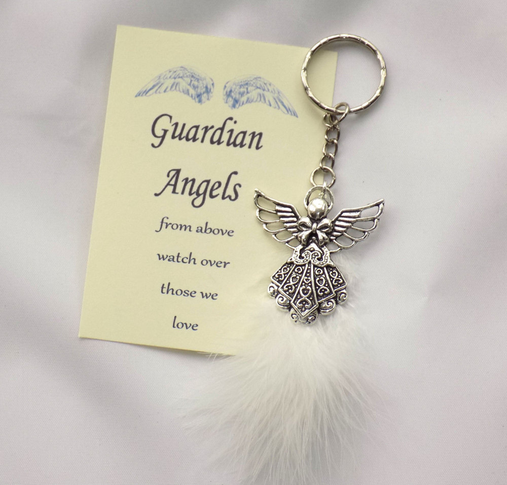 Guardian Angel Keyring with White Feather detail