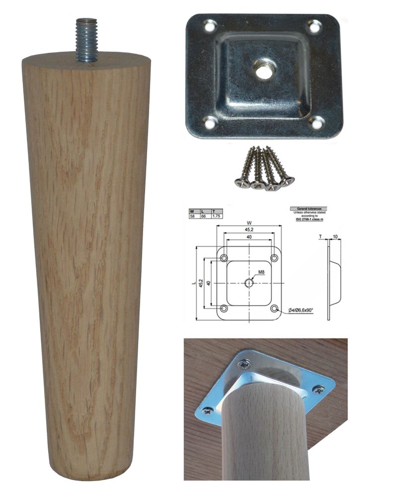 150mm Oak Tapered Leg w/ Level Fixing Plate