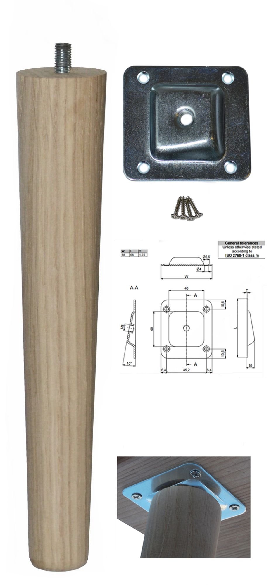 250mm Oak Tapered Leg w/ Angled Fixing Plate