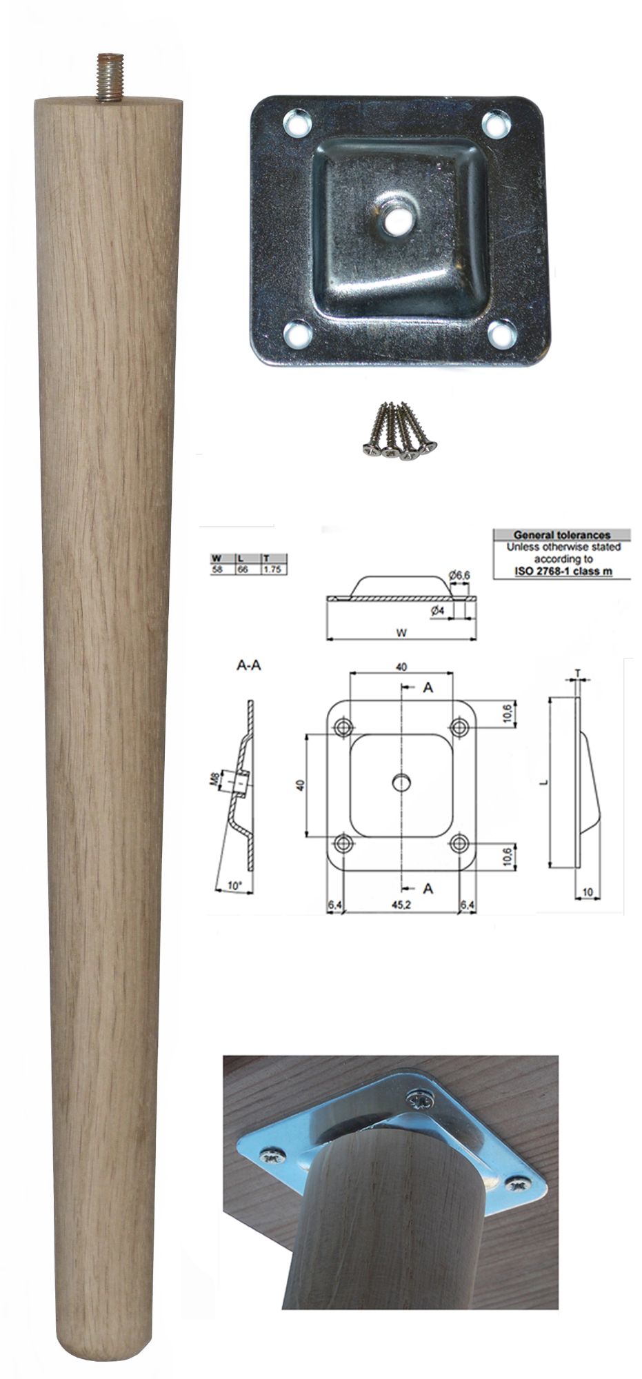 390mm Oak Tapered Leg w/ Angled Fixing Plate
