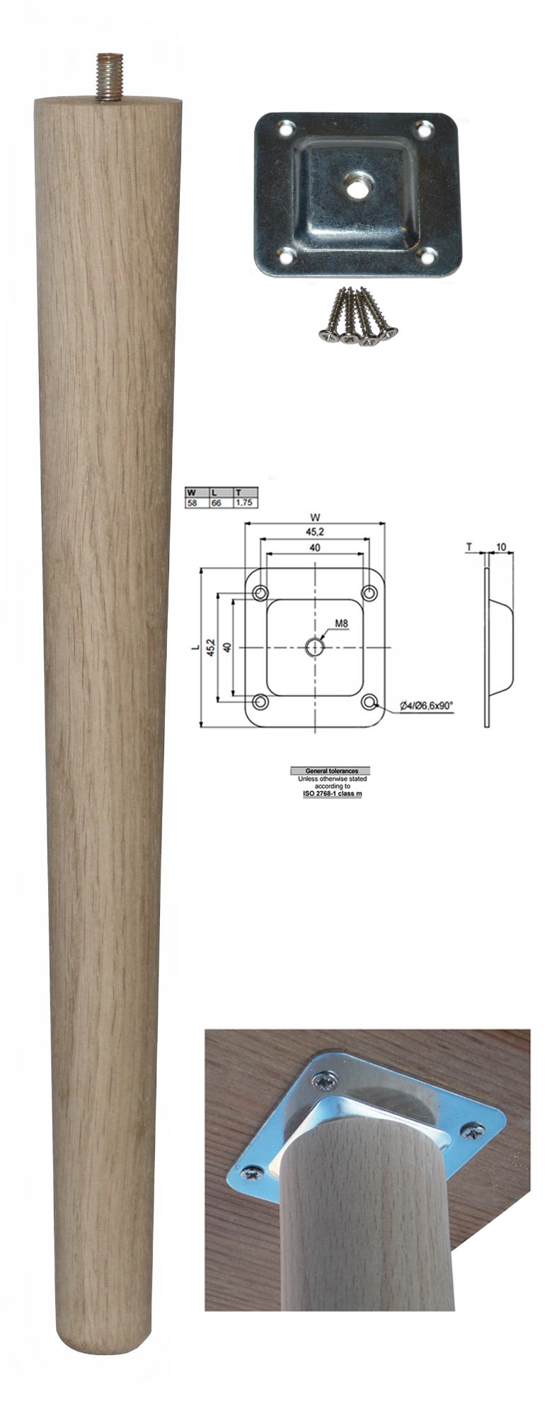 390mm Oak Tapered Leg w/ Level Fixing Plate