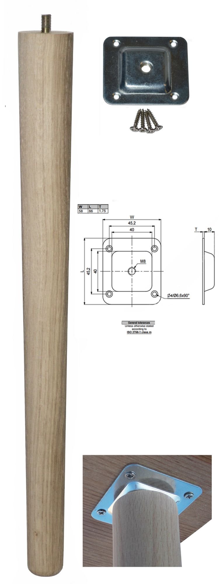 450mm Oak Tapered Leg w/ Level Fixing Plate