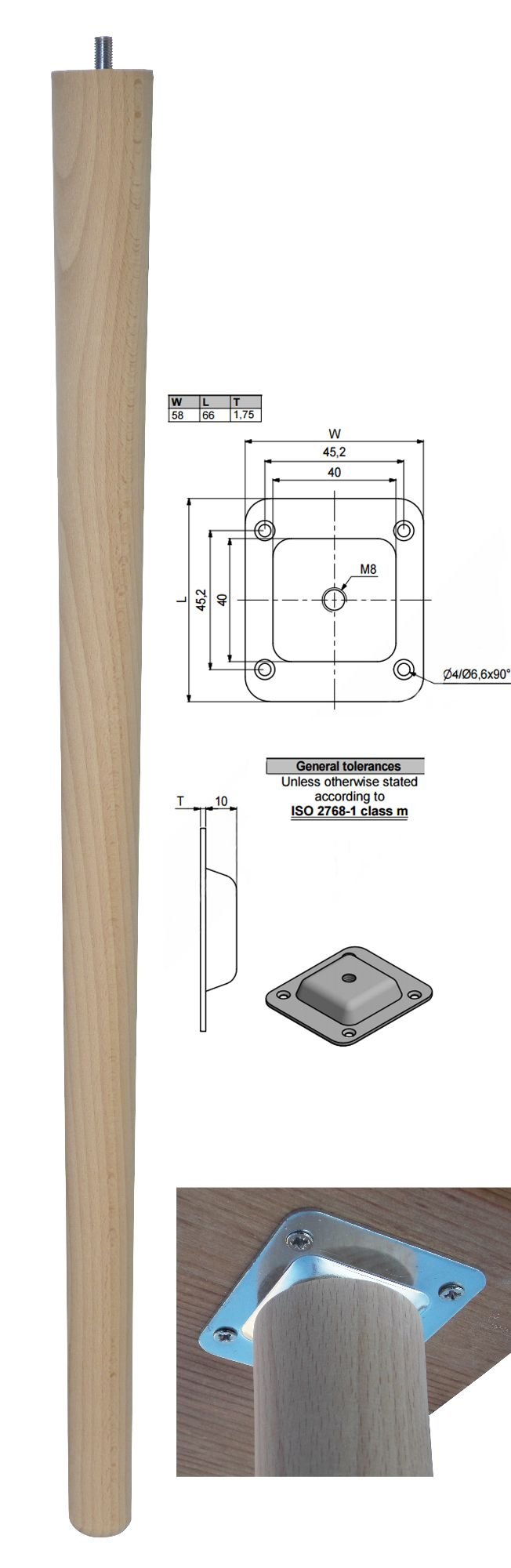 690mm Beech Tapered Leg w/ Level Fixing Plate
