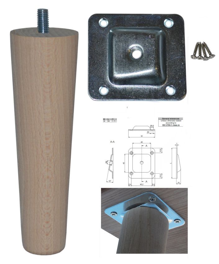 150mm Beech Tapered Leg w/ Angled Fixing Plate