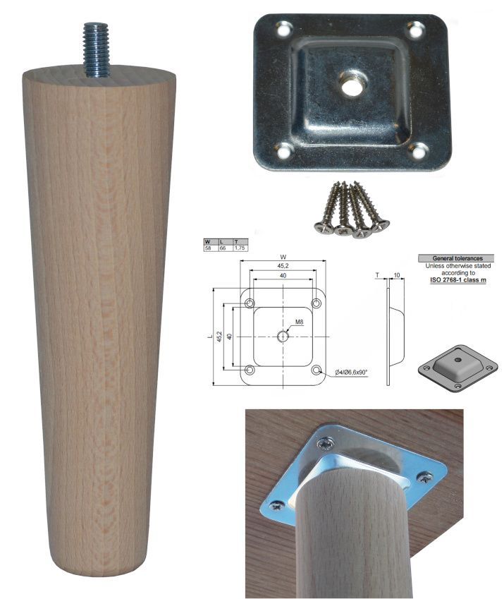 150mm Beech Tapered Leg w/ Level Fixing Plate