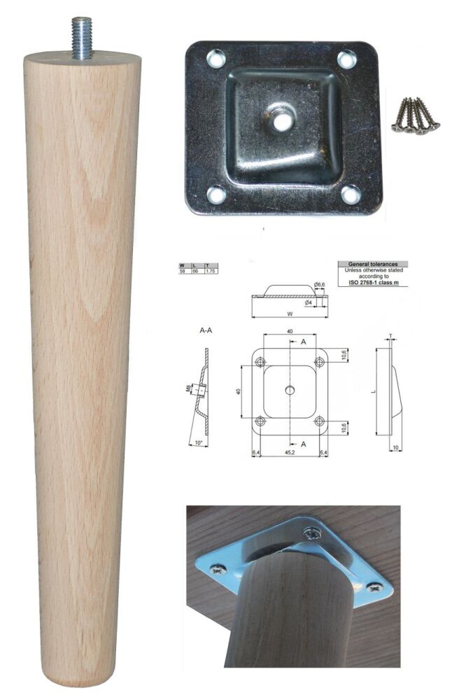 TLB-250+A  250mm Beech Tapered Leg w/ Angled Fixing Plate