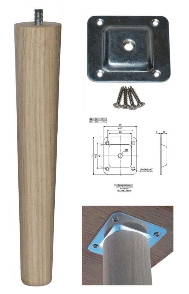 TLO-250+L  250mm Oak Tapered Leg w/ Level Fixing Plate