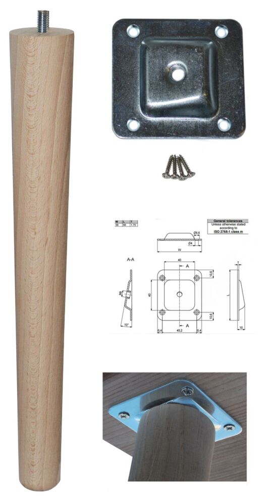 TLB-330+A   330mm Beech Tapered Leg w/ Angled Fixing Plate