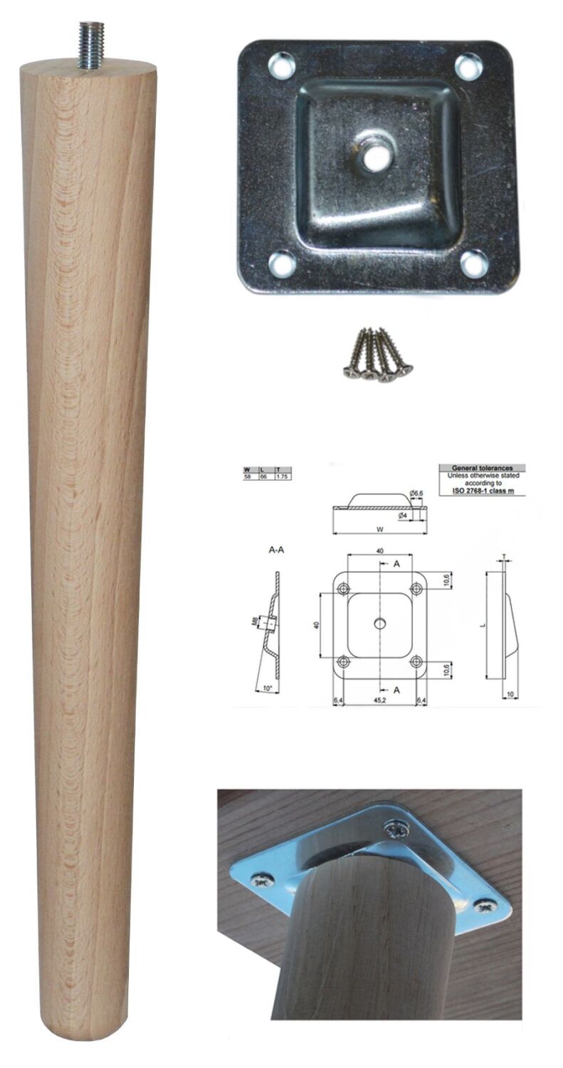 330mm Beech Tapered Leg w/ Angled Fixing Plate