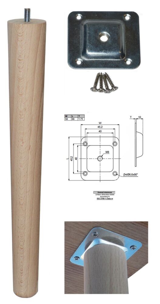 TLB-330+L  330mm Beech Tapered Leg w/ Level Fixing Plate