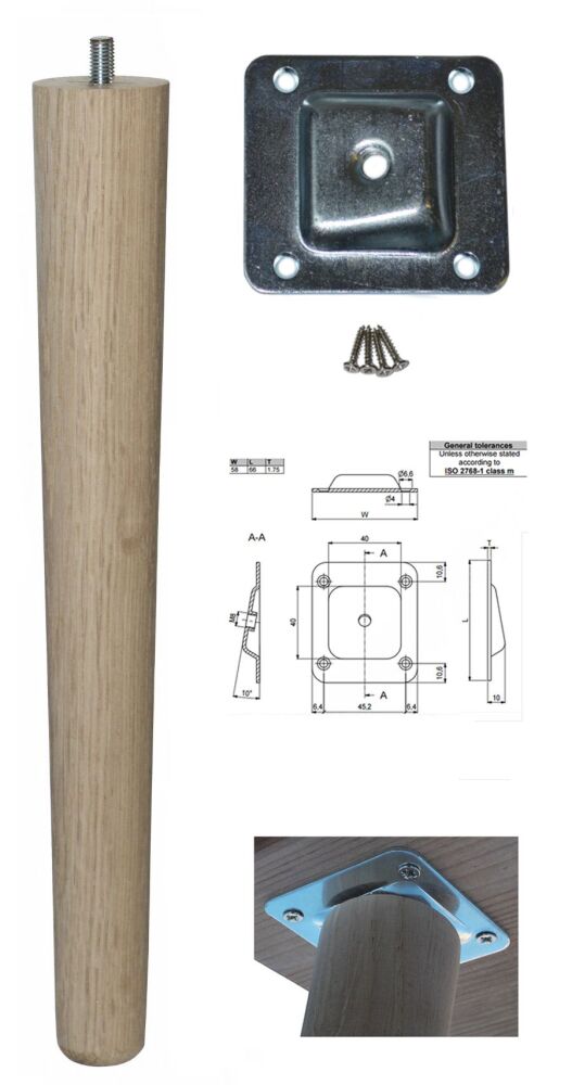TLO-330+A   330mm Oak Tapered Leg w/ Angled Fixing Plate