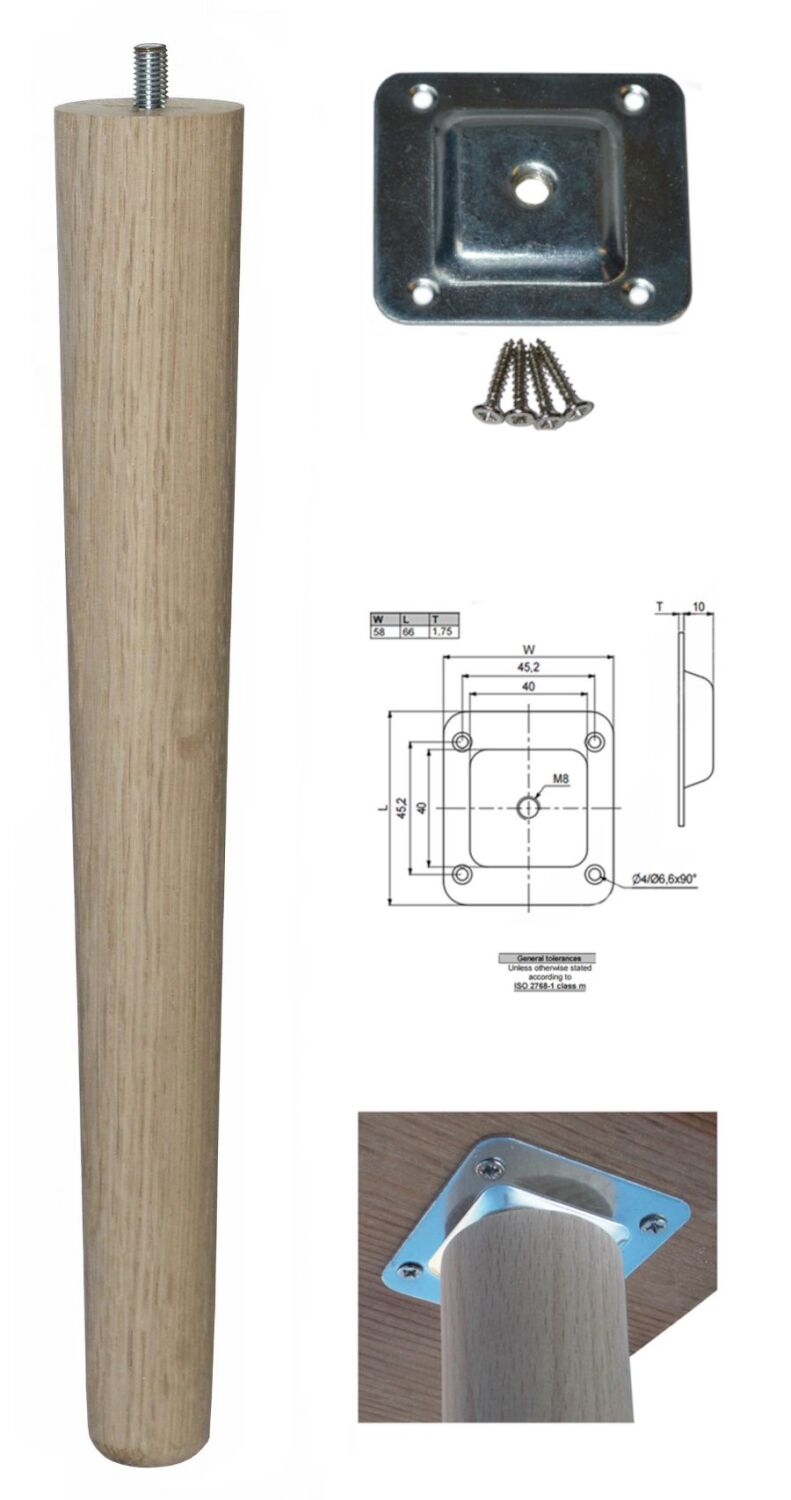 330mm Oak Tapered Leg w/ Level Fixing Plate