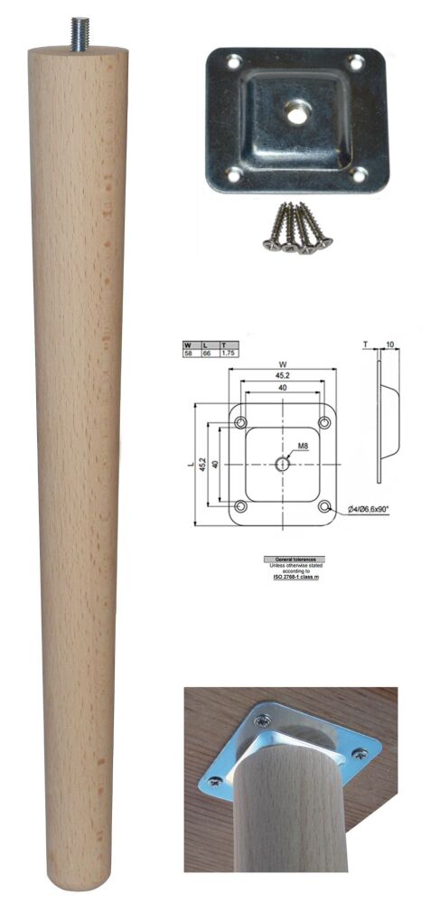TLB-390+L   390mm Beech Tapered Leg w/ Level Fixing Plate