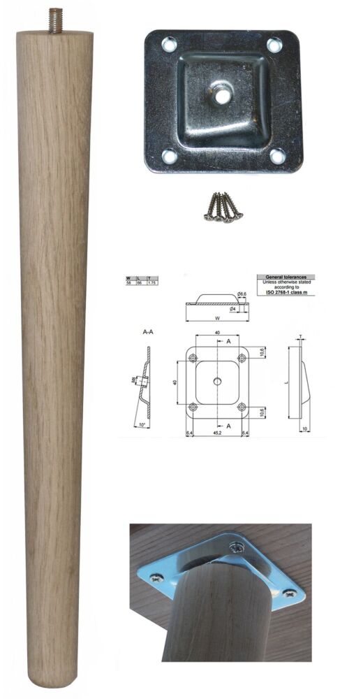 TLO-390+A   390mm Oak Tapered Leg w/ Angled Fixing Plate