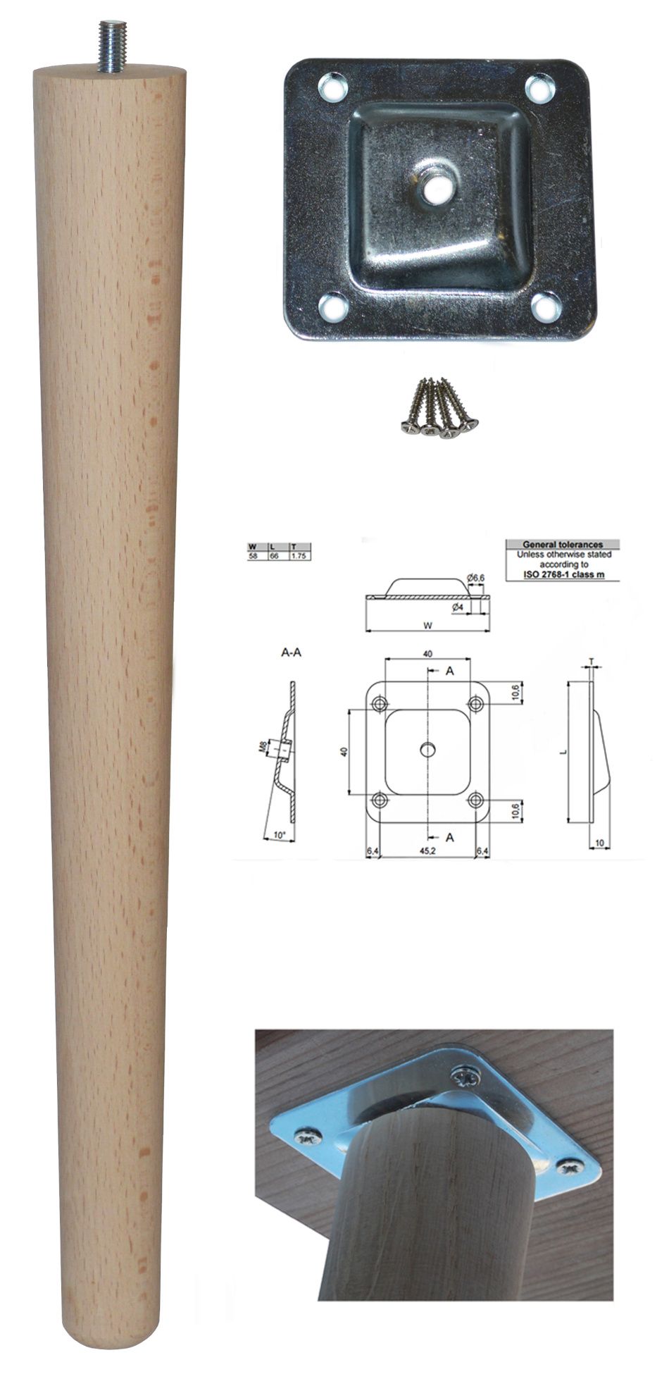 TLB-390+A   390mm Beech Tapered Leg w/ Angled Fixing Plate