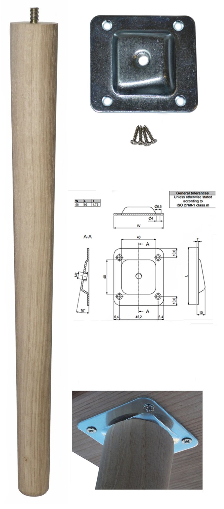 450mm Oak Tapered Leg w/ Angled Fixing Plate