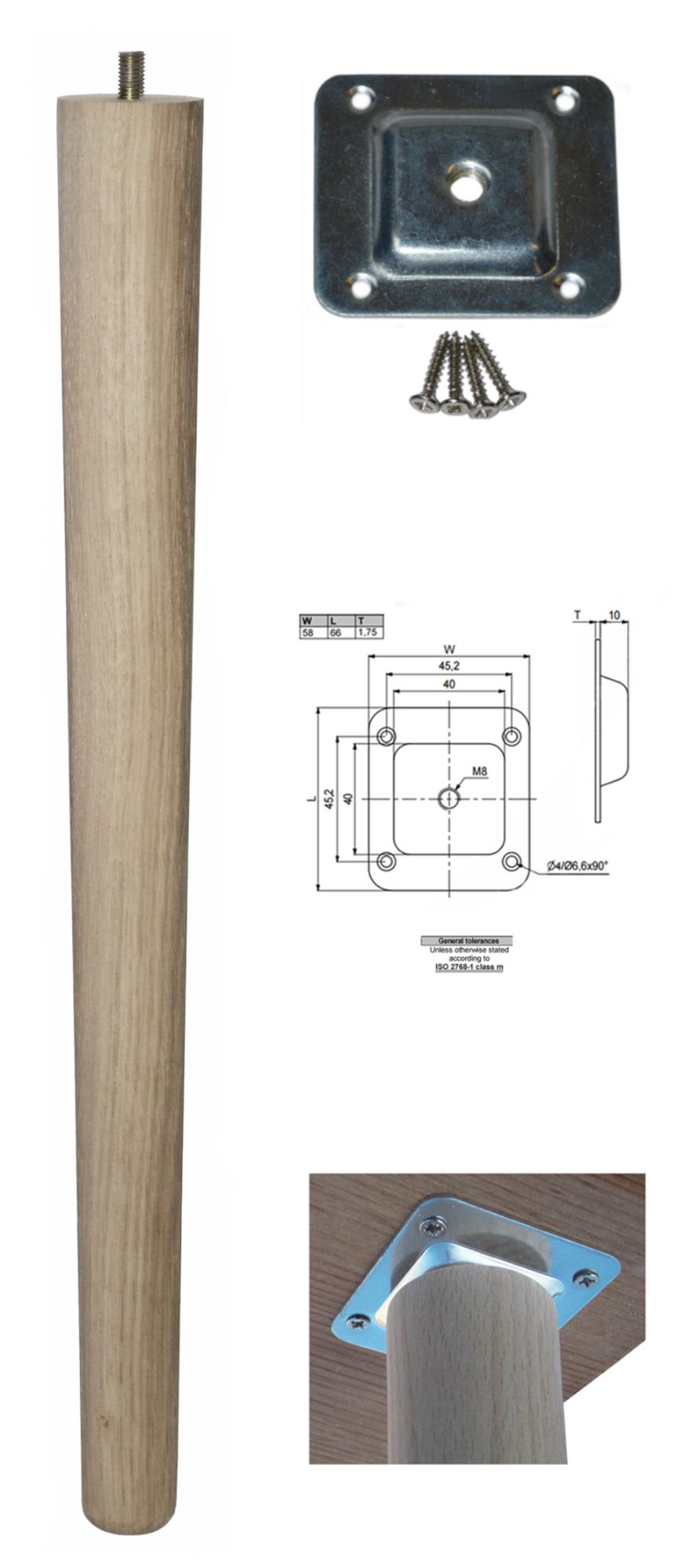 450mm Oak Tapered Leg w/ Level Fixing Plate