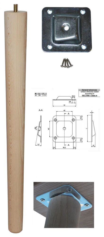 TLB-450+A   450mm Beech Tapered Leg w/ Angled Fixing Plate