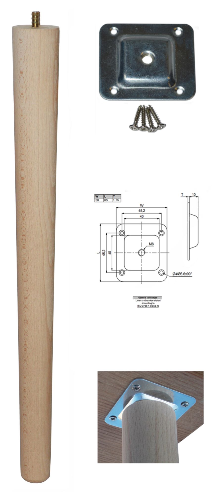 450mm Beech Tapered Leg w/ Level Fixing Plate