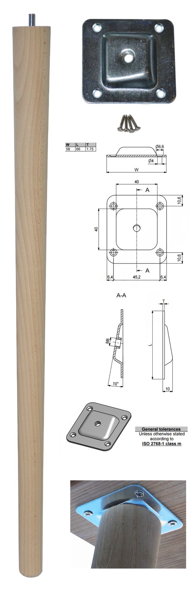 690mm Beech Tapered Leg w/ Angled Fixing Plate