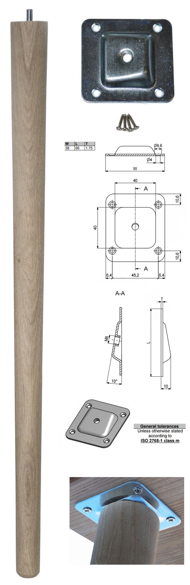 690mm Oak Tapered Leg w/ Angled Plate