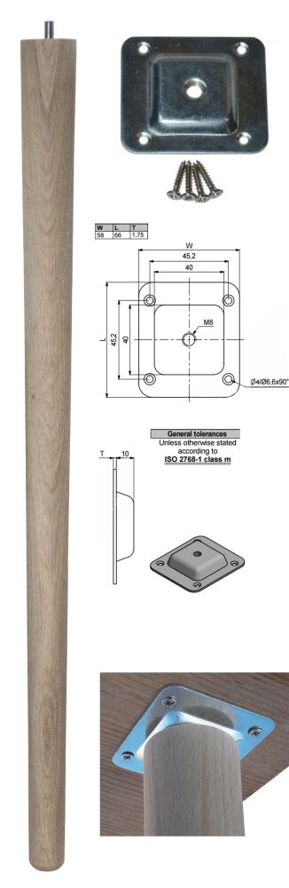 TLO-690+L   690mm Oak Tapered Leg w/ Level Plate