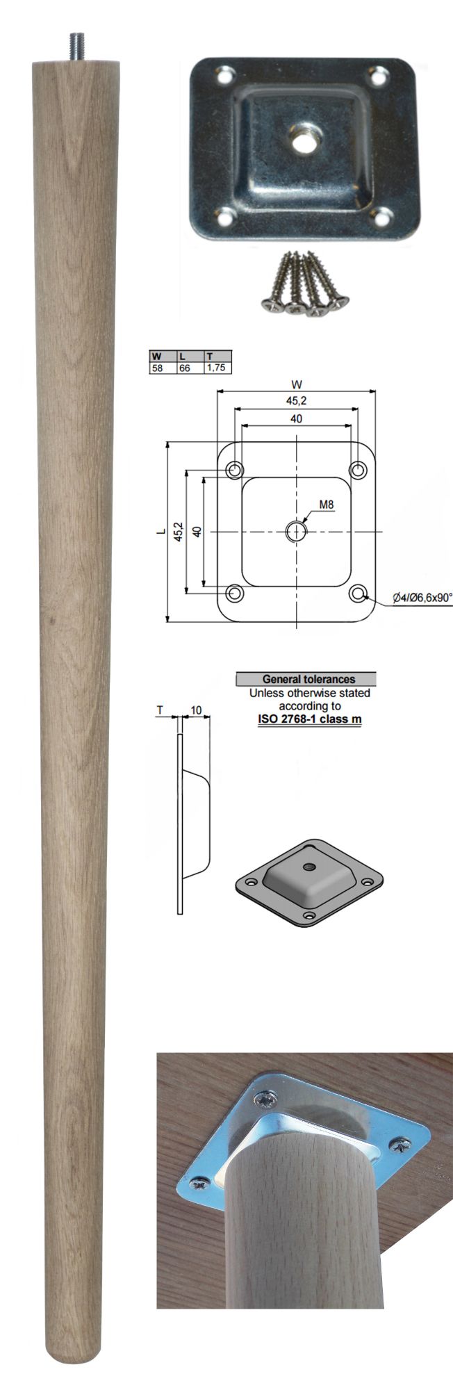 690mm Oak Tapered Leg w/ Level Plate