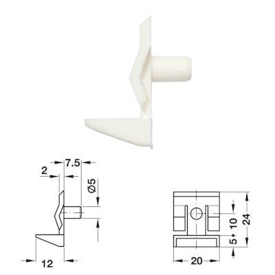Plastic Shelf Stud (White) w/ Spring Clip - 5mm