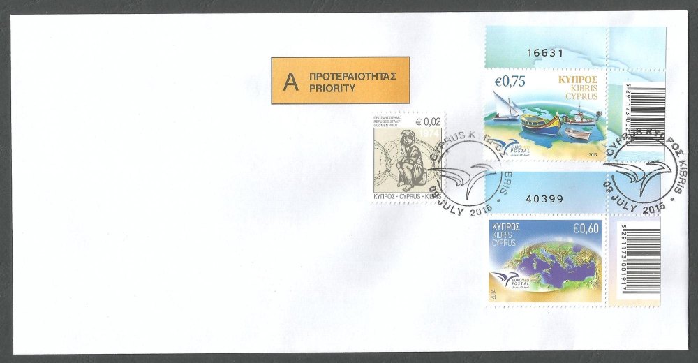Cyprus Stamps SG 1373 2015 and SG 1326 2014 Euromed on same cover - Contro numbers Unofficial FDC (k159)