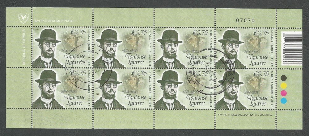 Cyprus Stamps SG 1325 2014 Intellectual Pioneers 75c Toulouse Lautrec - Full sheet USED (k204)