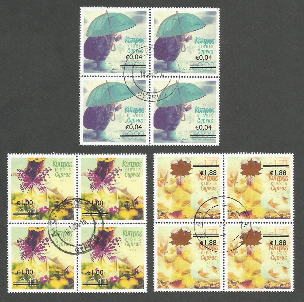 Cyprus Stamps SG 1327-29 2014 Overprints of "The four seasons" stamps - Block of 4 USED (k205)