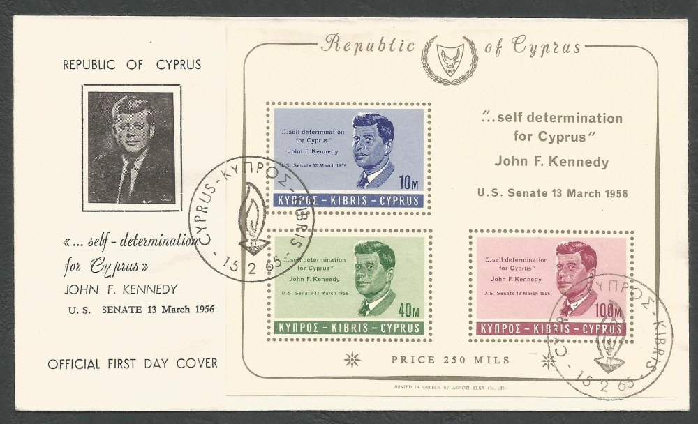 Cyprus Stamps SG 258a MS 1965 John F Kennedy - Official FDC (k302)