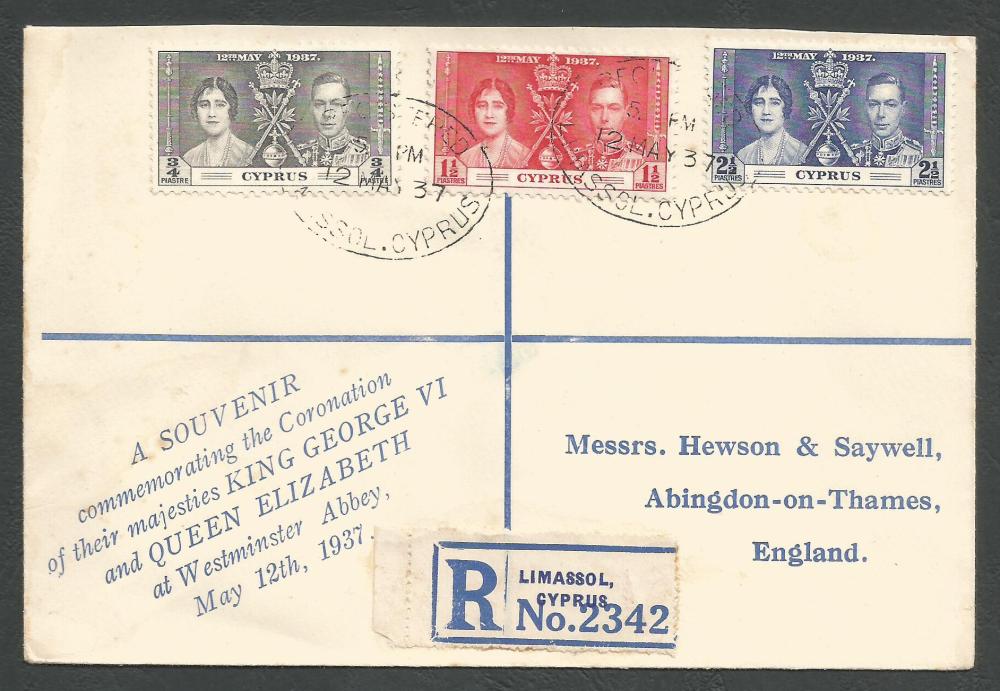 Cyprus Stamps SG 148-50 1937 Coronation - First Day Cover (k308)