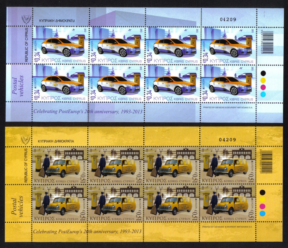 Cyprus Stamps SG 2013 (e) Europa issue Postal Vehicles  - Full sheets MINT