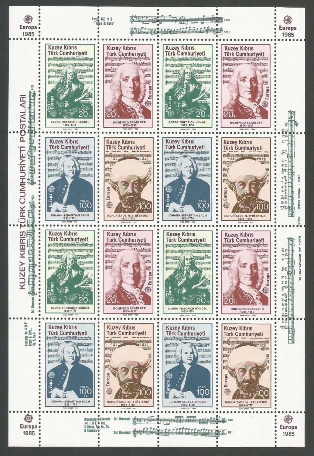 North Cyprus Stamps SG 172-75 1985 Europa Composers - Full sheet MINT