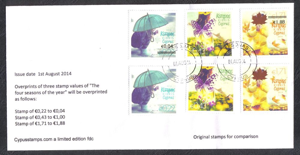 Cyprus Stamps SG 1327-29 2014 Overprints of "The four seasons" stamps - comparison sets Unofficial FDC (h873)