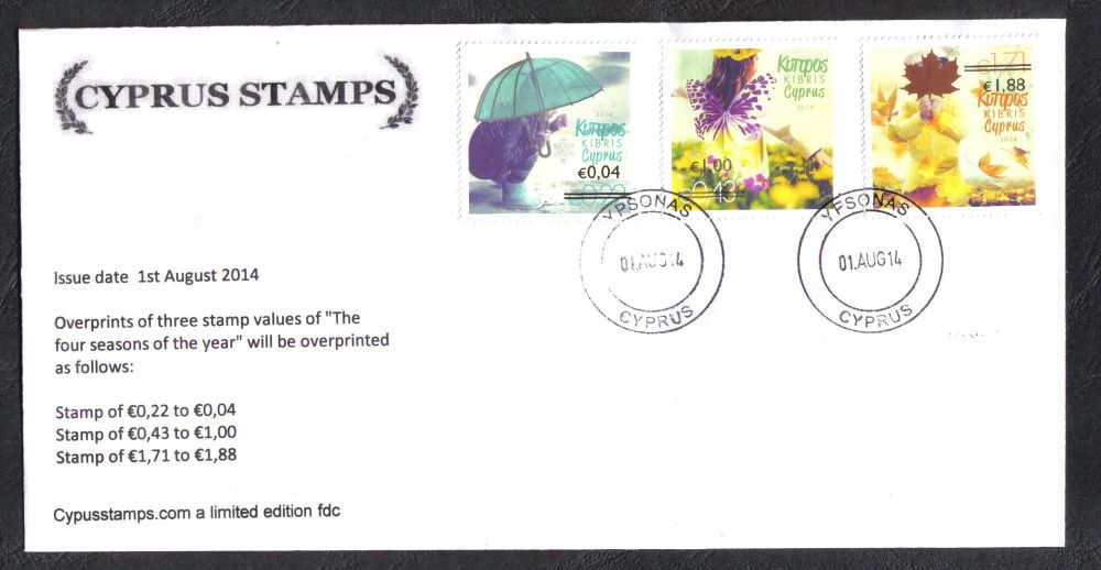 Cyprus Stamps SG 1327-29 2014 Overprints of "The four seasons" stamps - Cachet Unofficial FDC (h875)